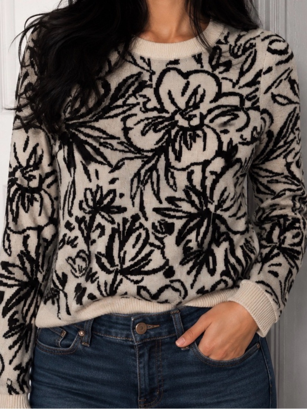 Tahari Black Floral Crewneck Sweater on Cream